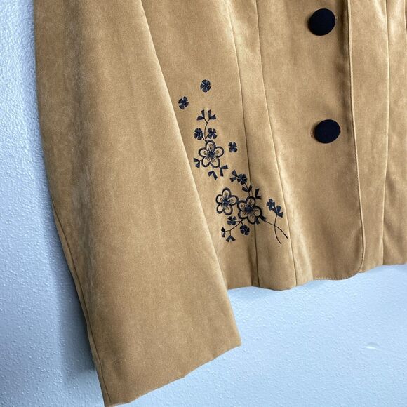 Lisa Jo Women's 14 Tan Black Floral Embroidered Faux Suede Lightweight Blazer - Picture 3 of 14